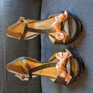 Betsey Johnson Black and White Polka Dot T-Strap Heels with Peach Bow
